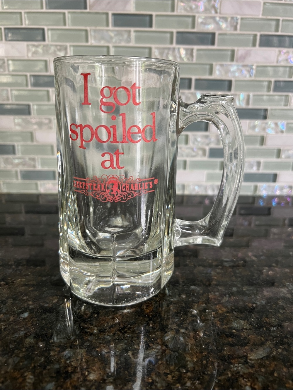 Vintage Beefsteak Charley's Clear Glass Beer Stein - Red Print